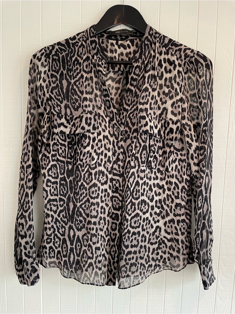 BCBG Silk Leopard Print Button Down Top